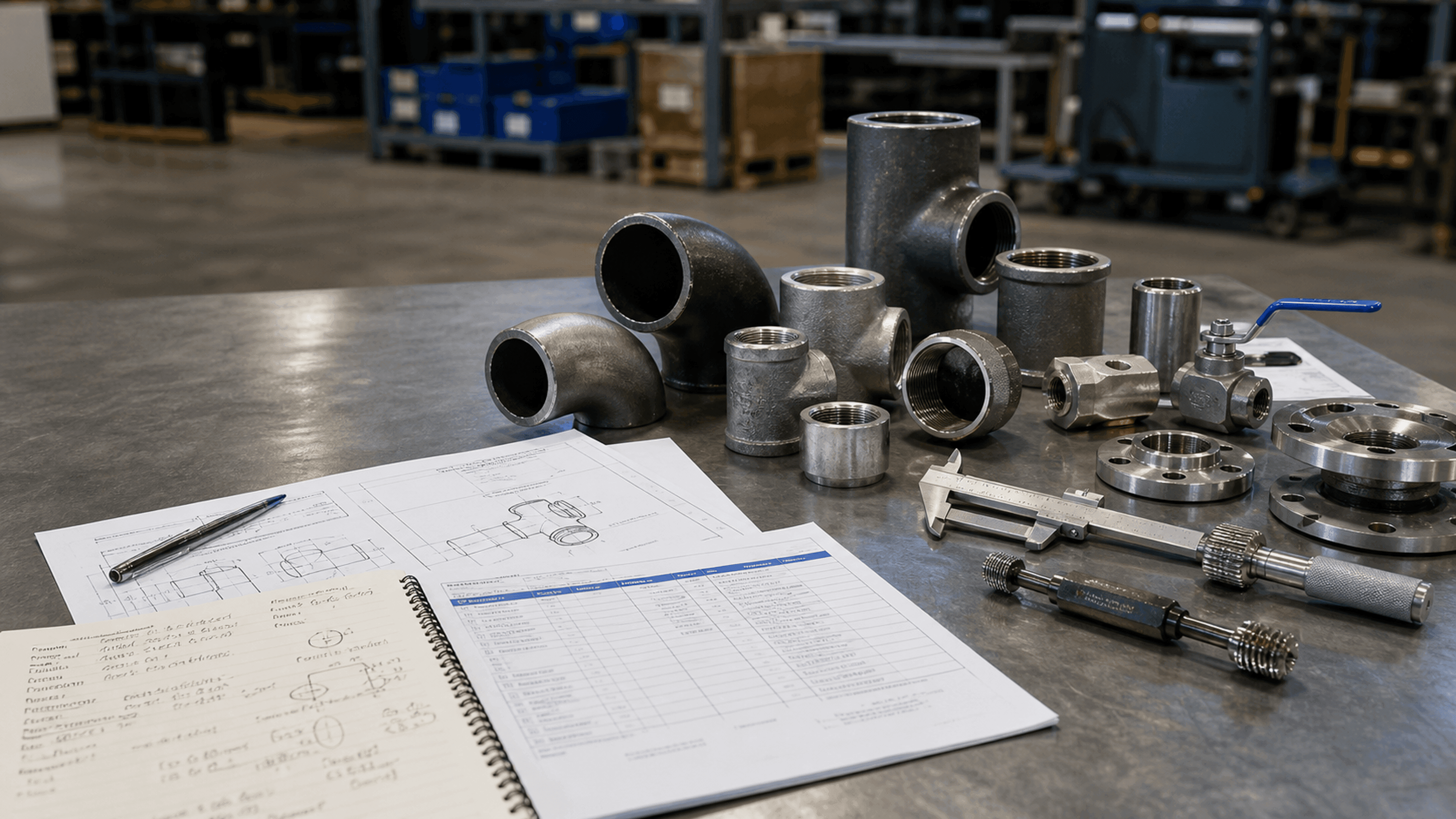 Carbon steel and stainless pipe fittings, reducing elbows, tees, couplings, flanges, small valves, thread gauge, calipers, marked-up drawing, and RFQ paperwork on an industrial workbench