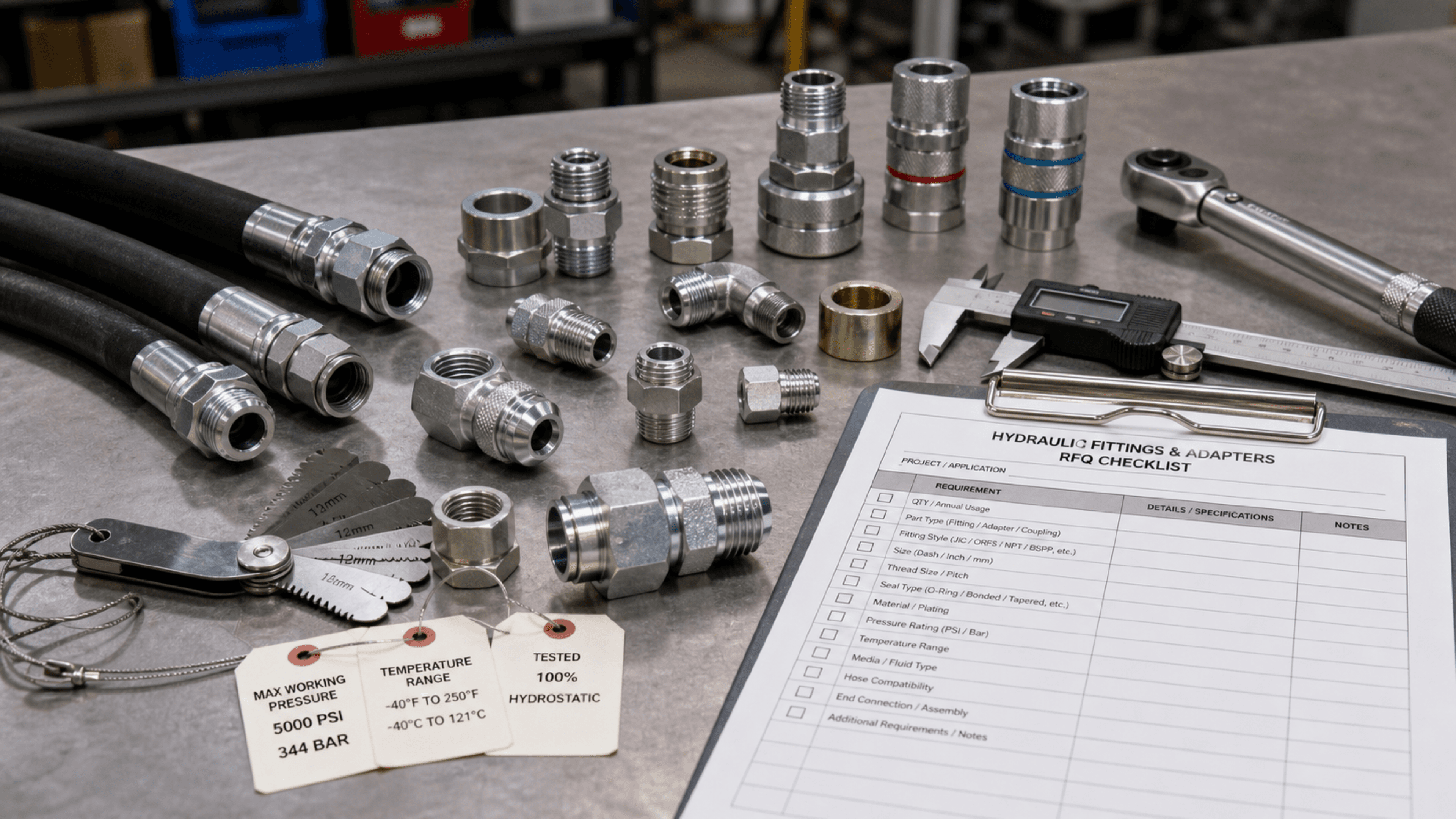 Hydraulic hose fittings, adapters, quick-connect couplings, hose samples, calipers, thread gauges, torque wrench, and RFQ paperwork on an industrial workbench