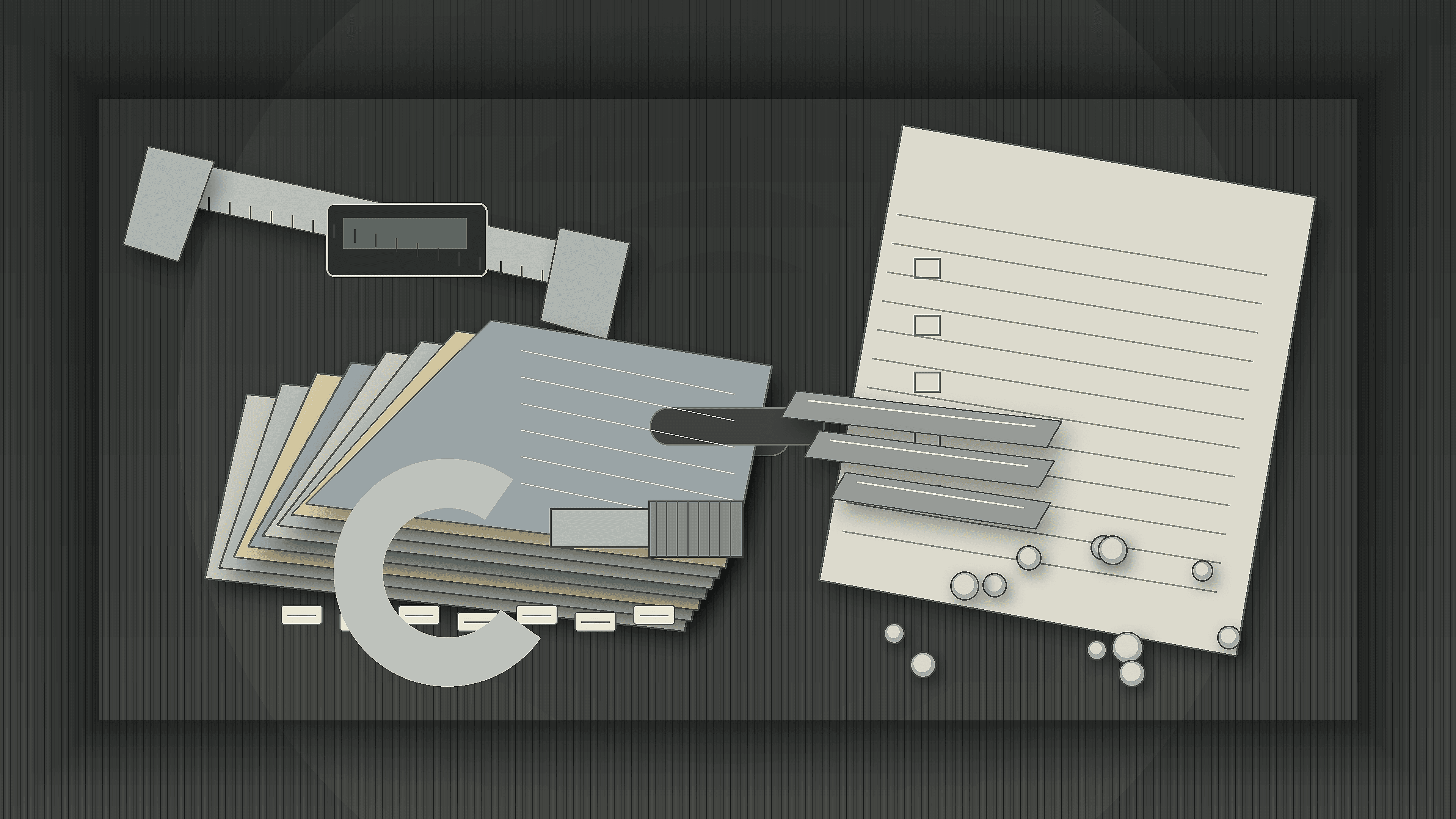 Precision shim stock sheets, slotted shims, key stock, dowel pins, calipers, micrometer, and RFQ paperwork on an industrial workbench