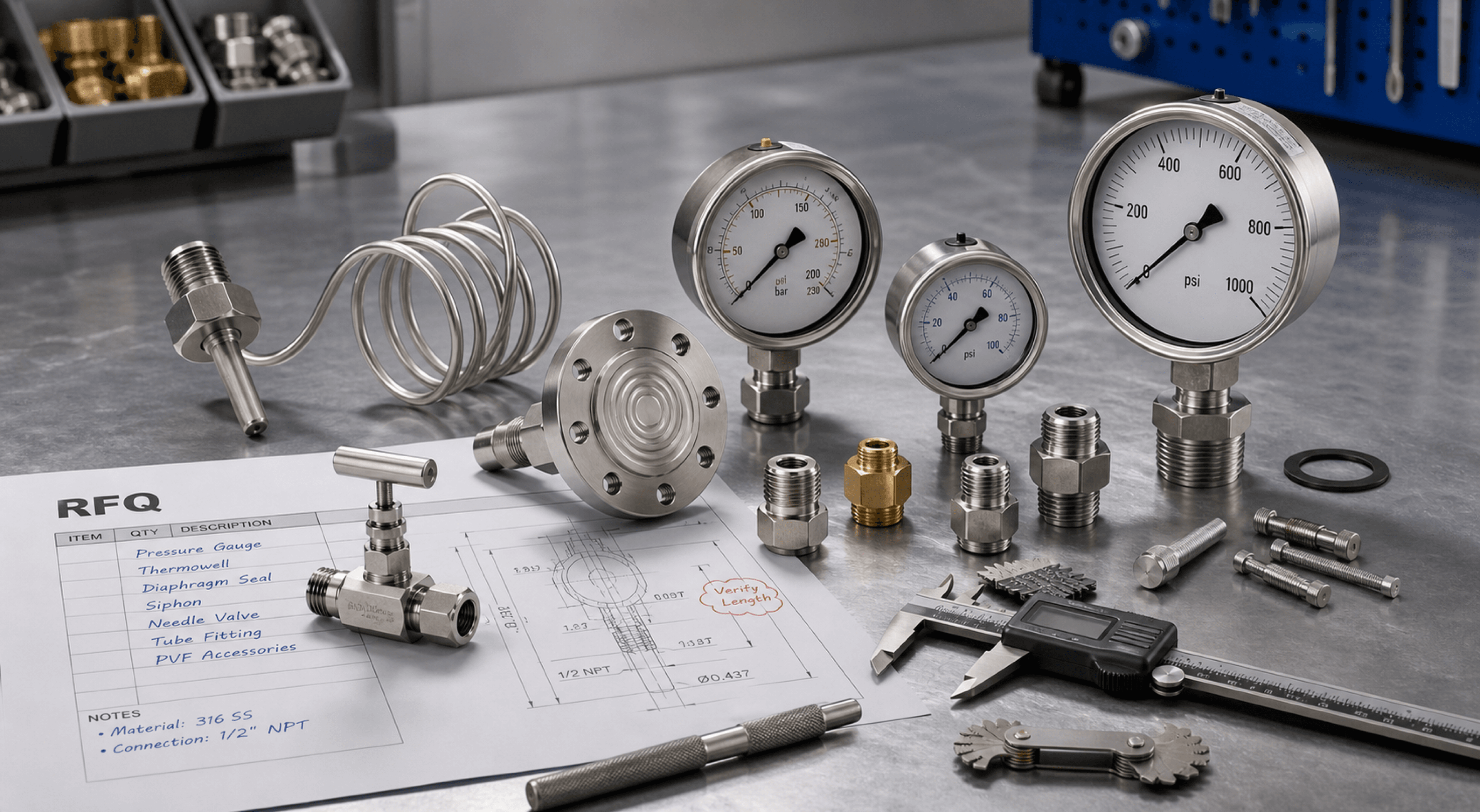 Stainless pressure gauges, thermowell, diaphragm seal, siphon tube, needle valve, threaded adapters, gasket, bolts, calipers, thread gauge, and RFQ paperwork on an industrial workbench