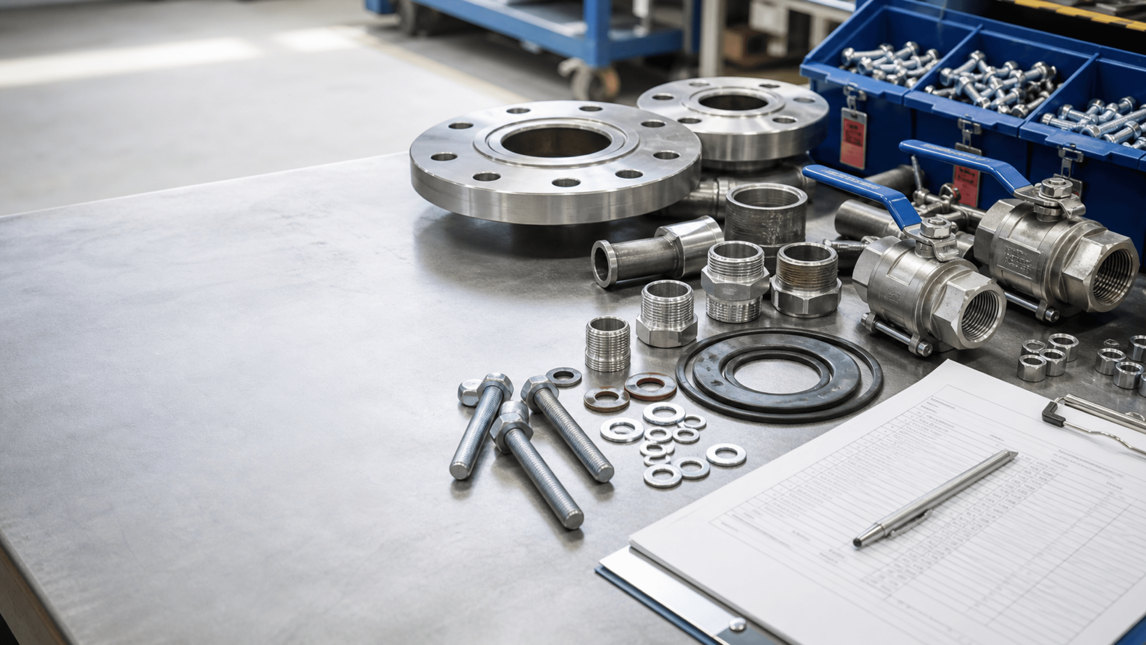 Pipe fittings, valves, gaskets, bolts, and RFQ paperwork arranged on an industrial job shop bench