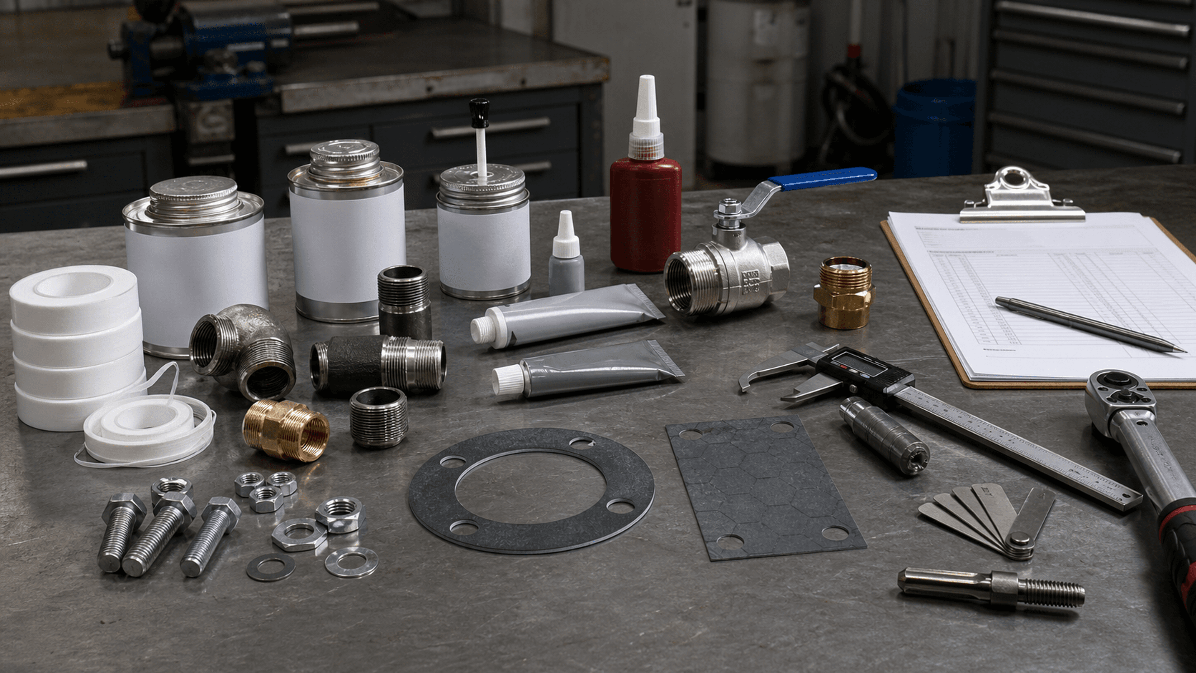 PTFE tape rolls, generic thread sealant cans and tubes, anaerobic sealant bottle, anti-seize tube, gasket sample, pipe nipples, brass fittings, stainless fittings, valve, bolts, calipers, thread gauge, torque wrench, and RFQ paperwork on an industrial workbench