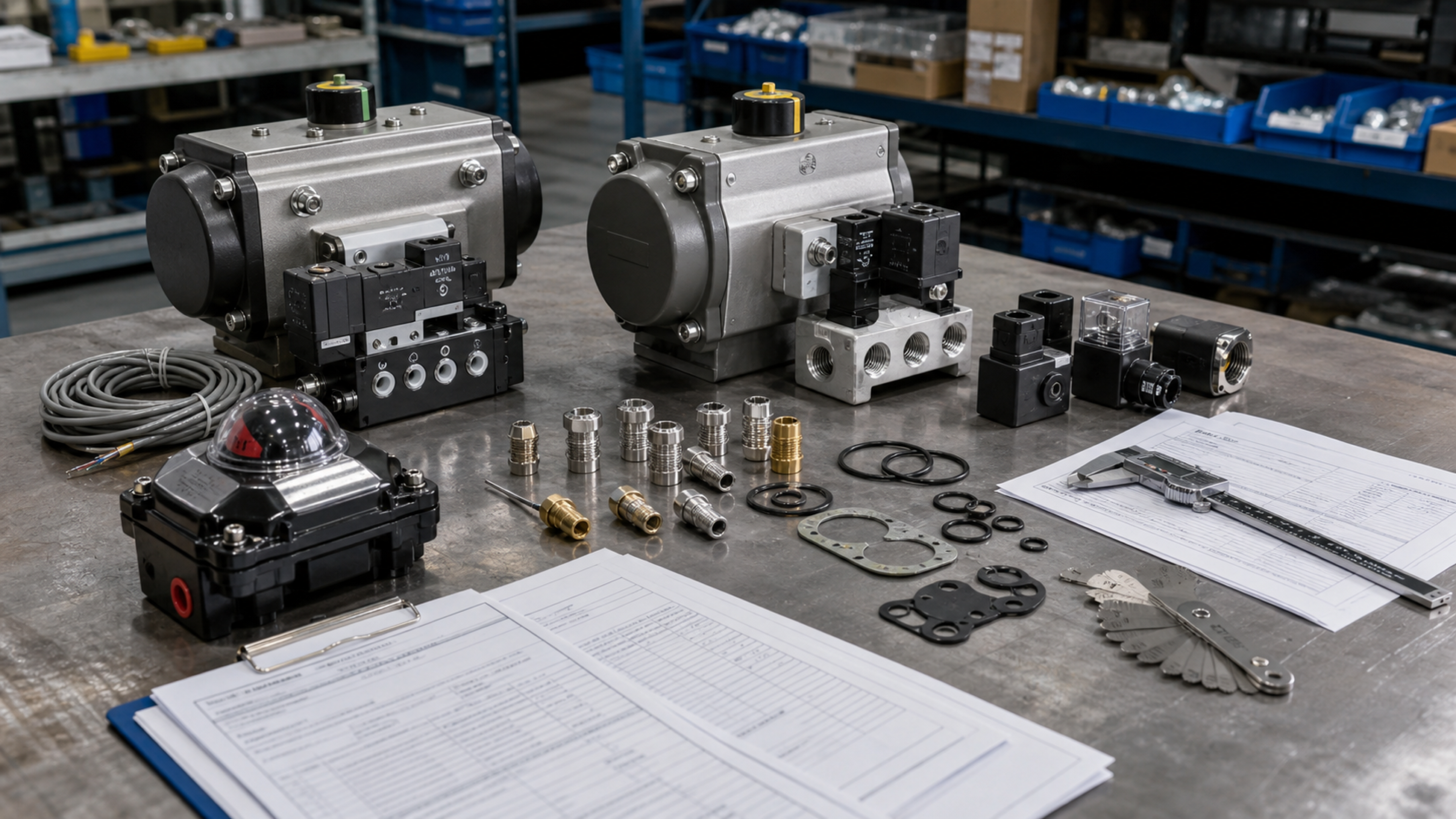 Pneumatic valve actuators, solenoid coils, limit switch box, stainless fittings, brass adapters, gasket seals, calipers, thread gauge, and RFQ paperwork on an industrial maintenance workbench