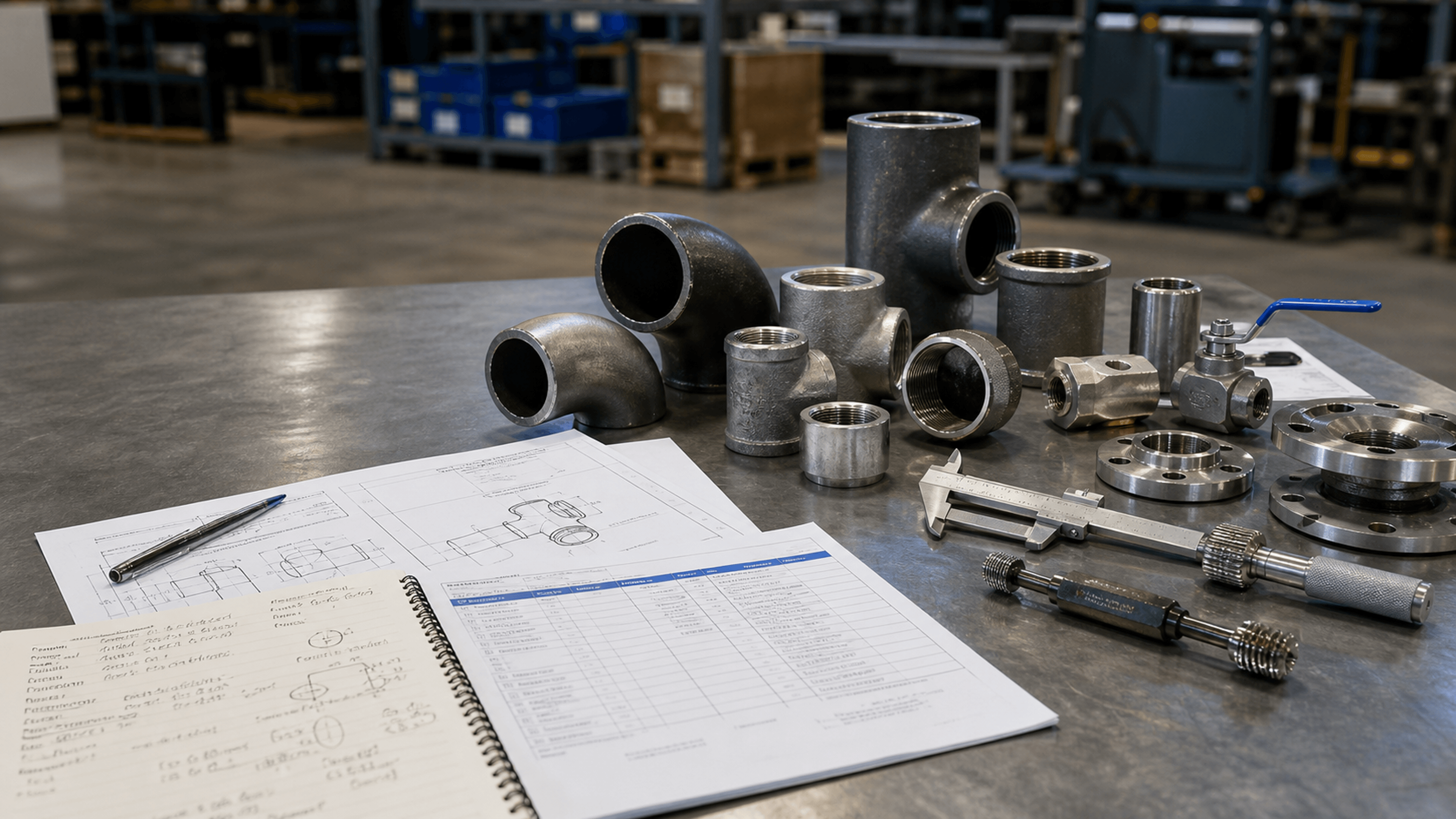 Carbon steel and stainless pipe fittings, reducing elbows, tees, couplings, flanges, small valves, thread gauge, calipers, marked-up drawing, and RFQ paperwork on an industrial workbench