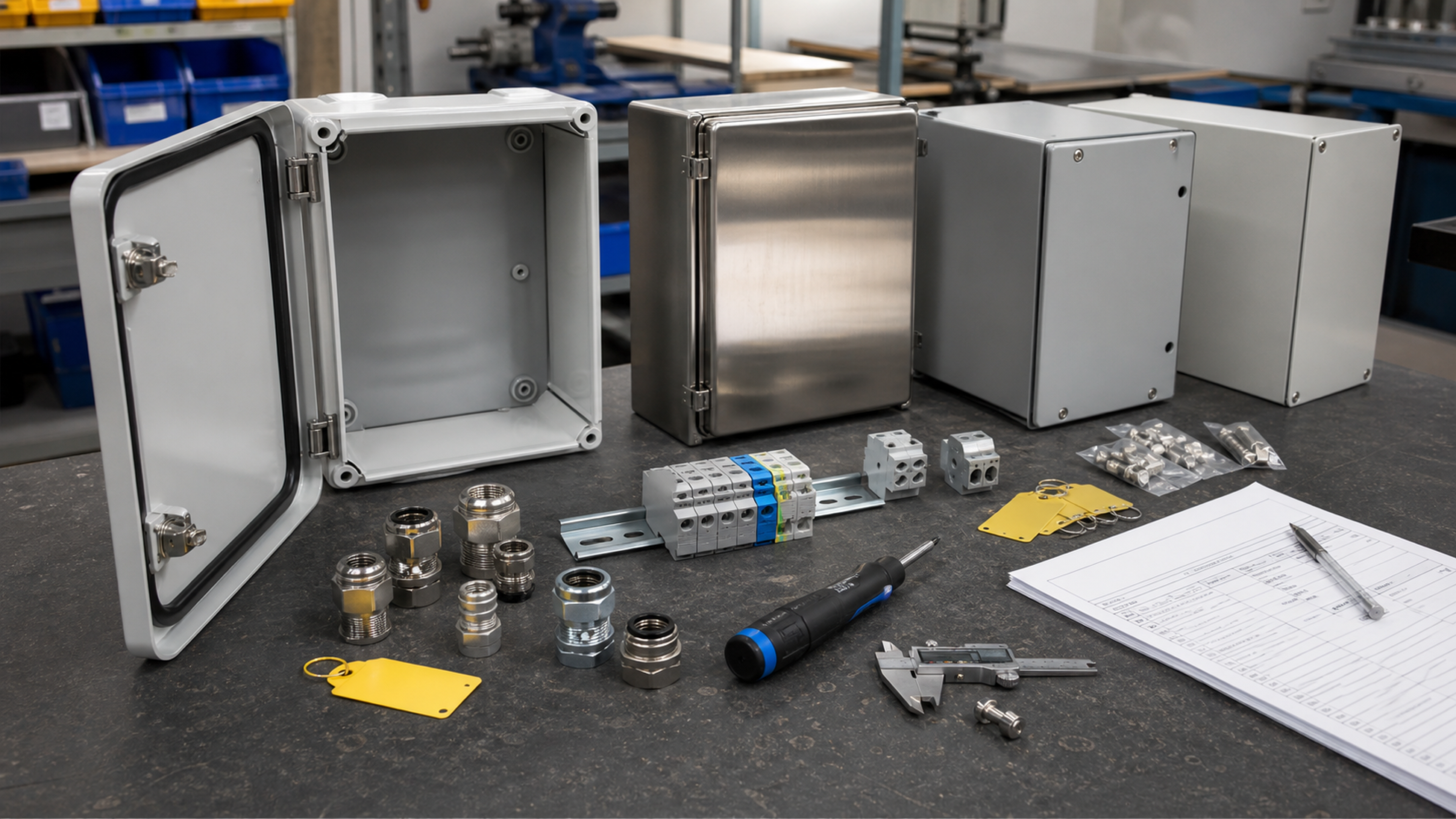 Industrial electrical enclosures, junction boxes, conduit fittings, cable glands, DIN rail, terminal blocks, calipers, torque screwdriver, and RFQ paperwork on a workbench