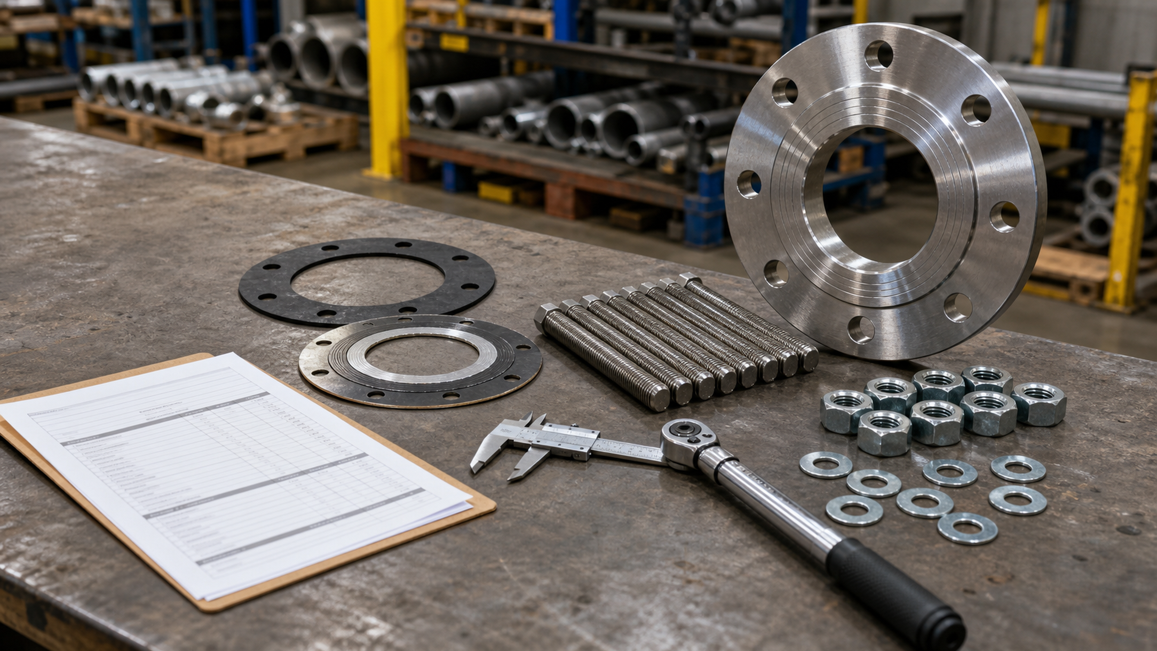 Flange, gasket, threaded studs, hex nuts, washers, torque wrench, and RFQ paperwork on an industrial maintenance workbench