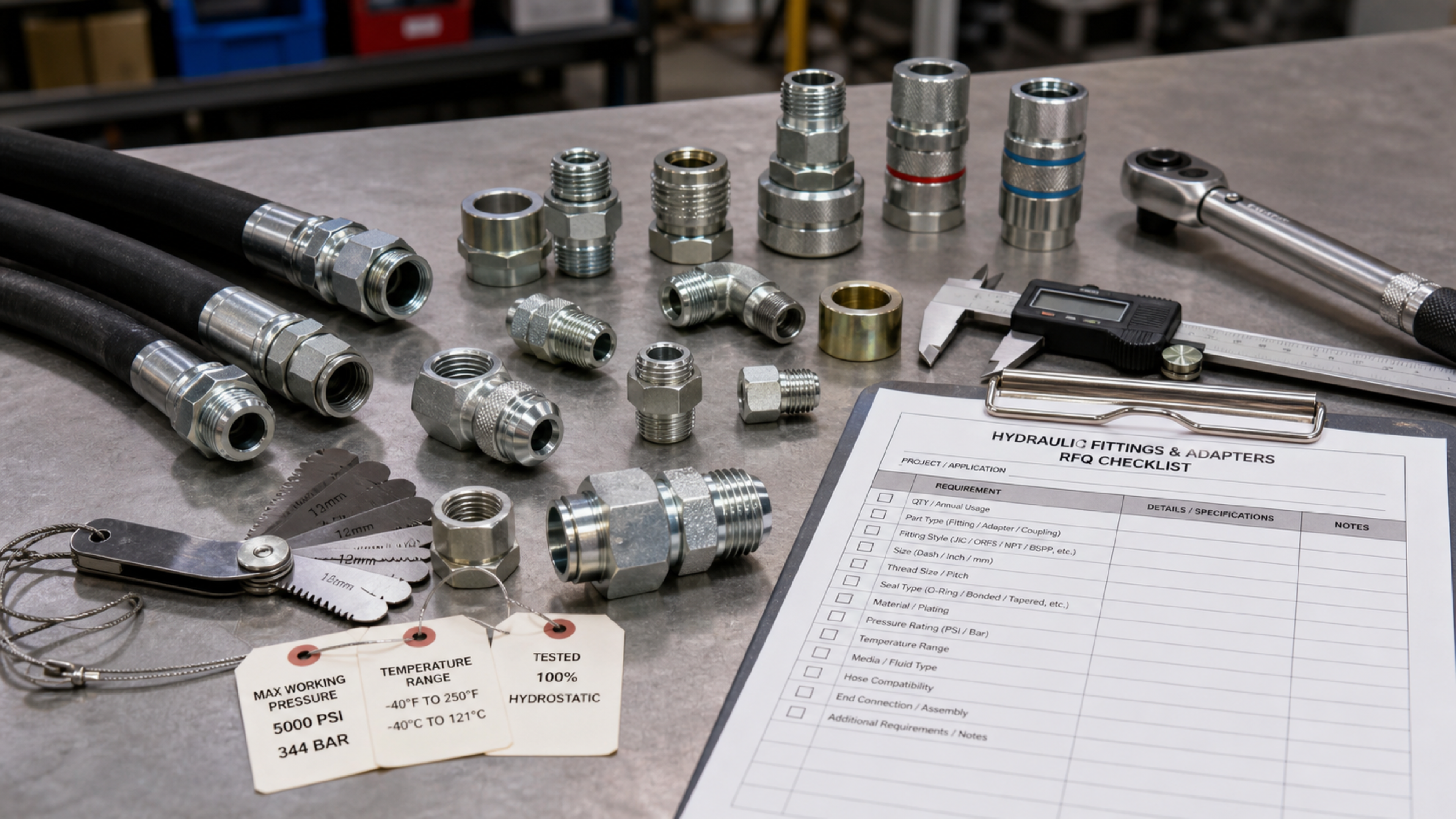 Hydraulic hose fittings, adapters, quick-connect couplings, hose samples, calipers, thread gauges, torque wrench, and RFQ paperwork on an industrial workbench