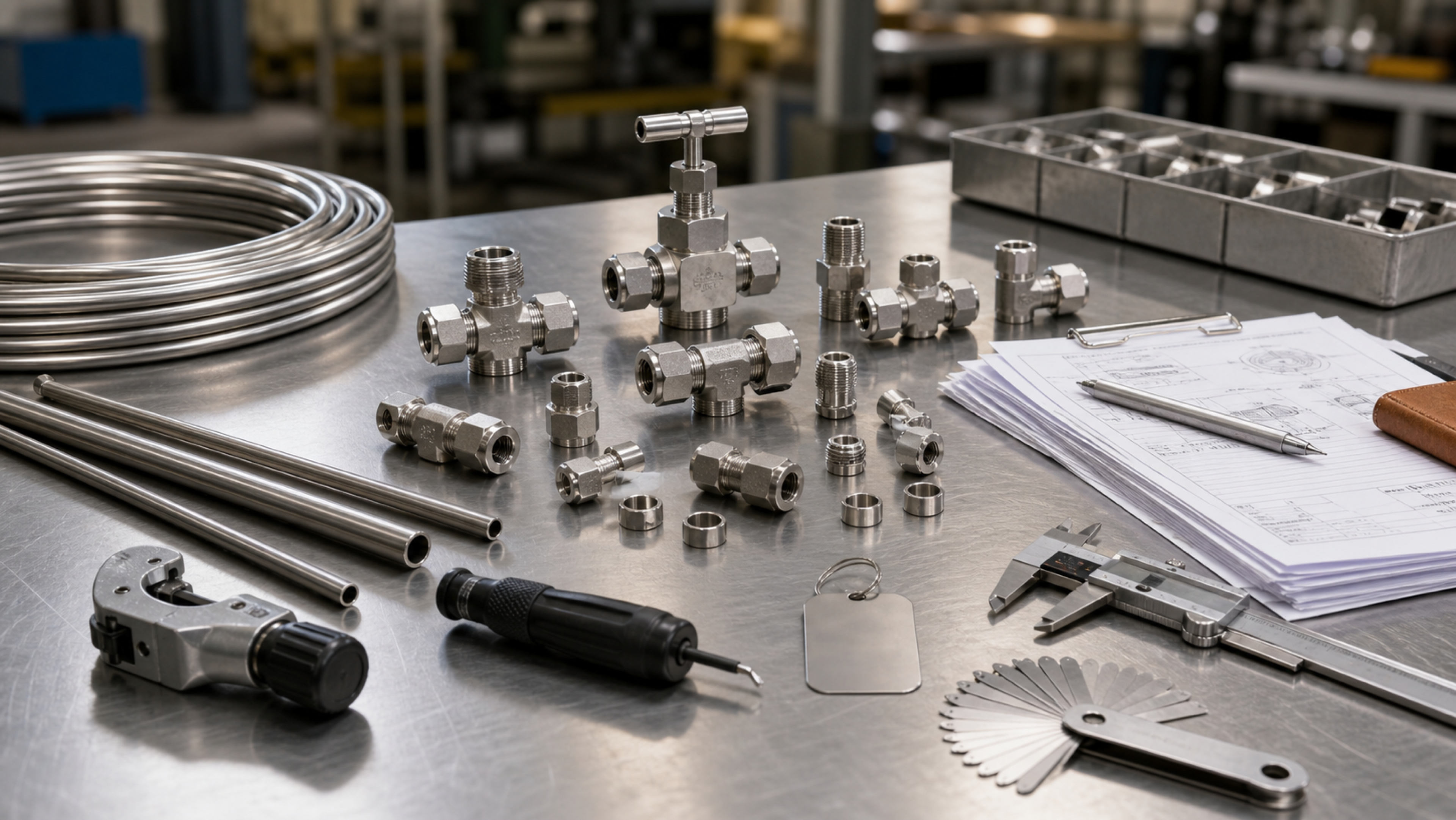 Stainless instrumentation tube fittings, compression nuts and ferrules, small-bore tubing, needle valve, tube cutter, calipers, thread gauge, and RFQ paperwork on an industrial workbench