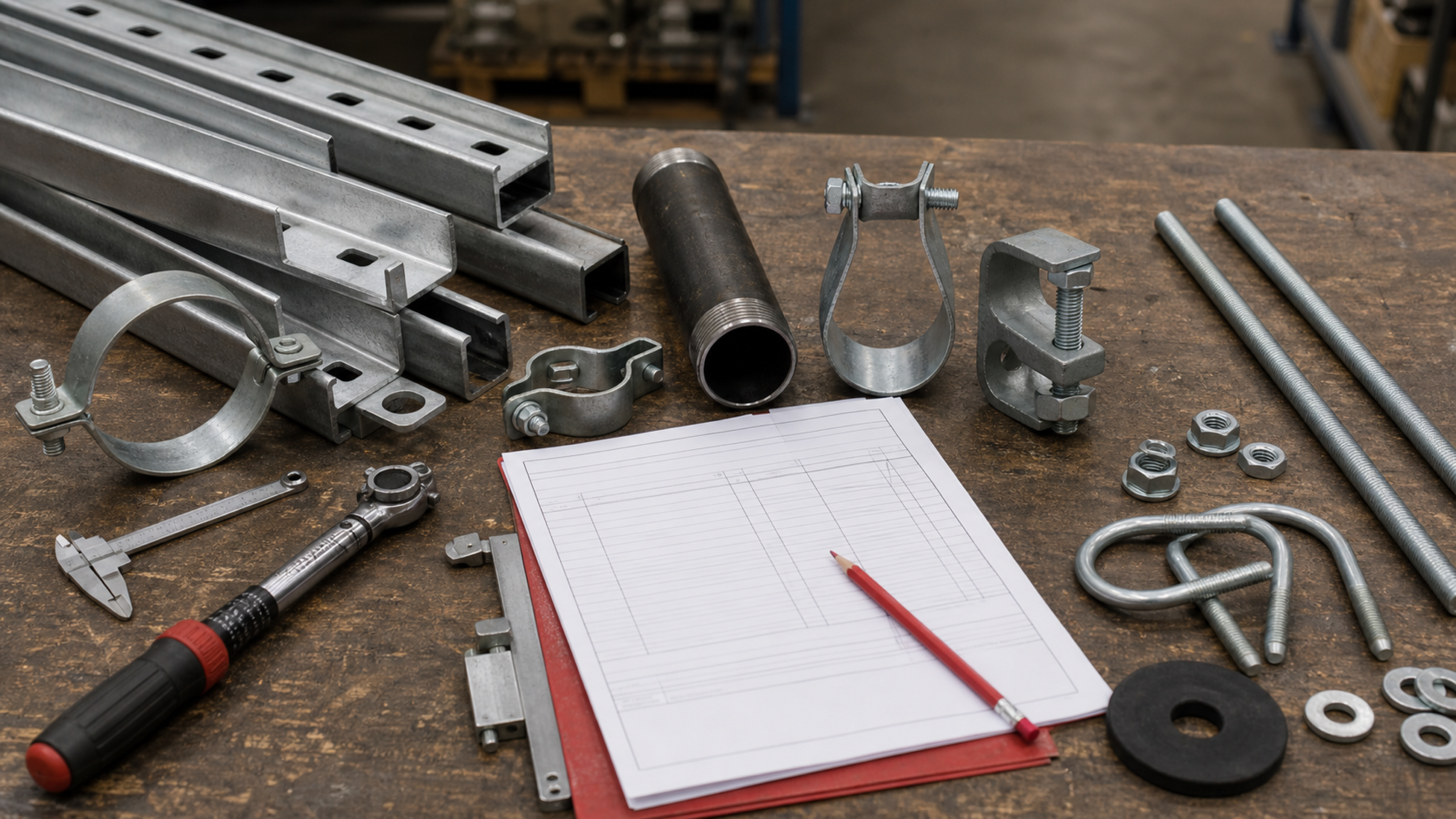 Pipe support hardware, strut channel, clamps, threaded rod, U-bolts, calipers, torque wrench, and RFQ paperwork on an industrial bench