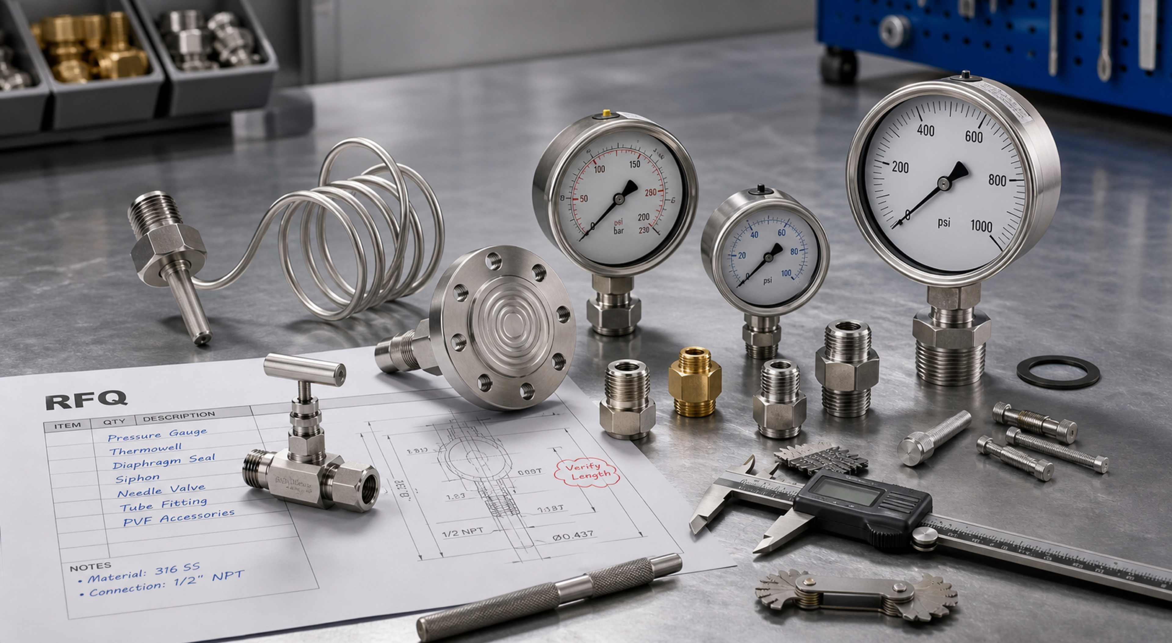 Stainless pressure gauges, thermowell, diaphragm seal, siphon tube, needle valve, threaded adapters, gasket, bolts, calipers, thread gauge, and RFQ paperwork on an industrial workbench
