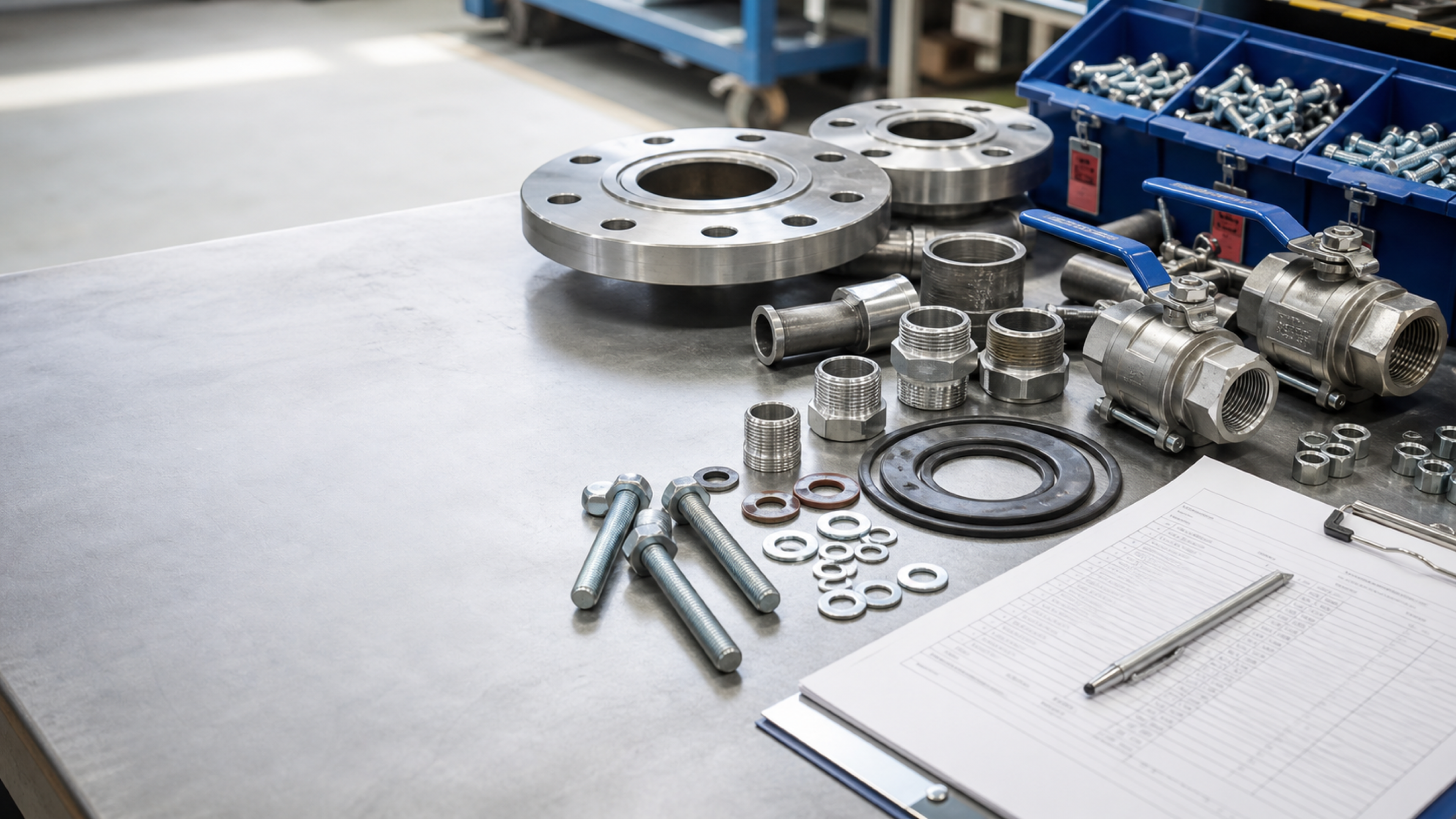 Pipe fittings, valves, gaskets, bolts, and RFQ paperwork arranged on an industrial job shop bench
