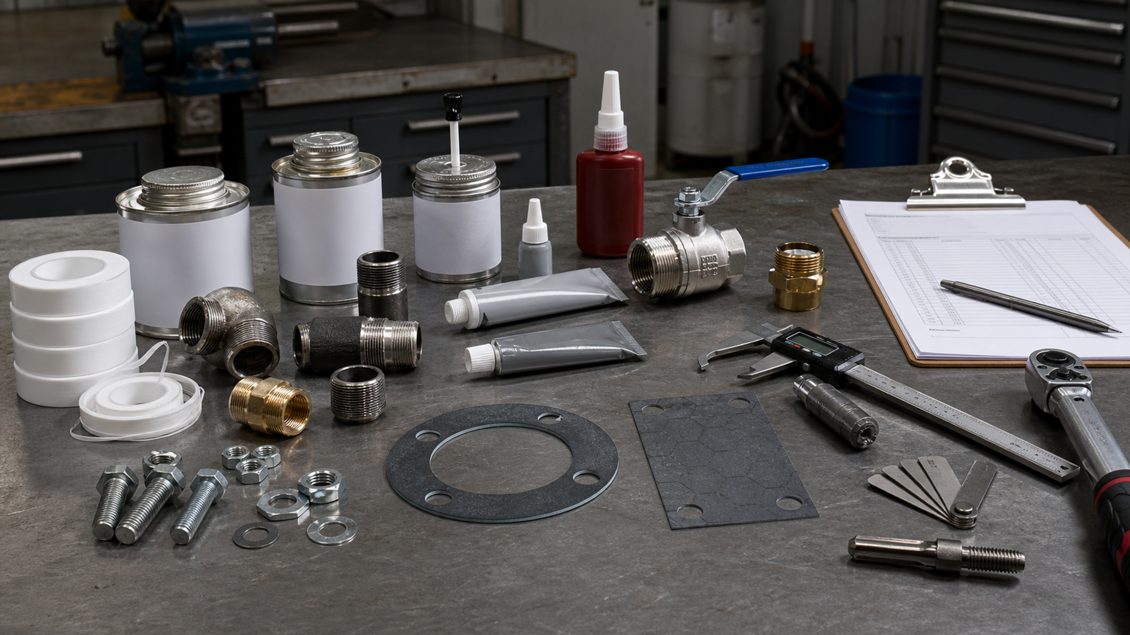 PTFE tape rolls, generic thread sealant cans and tubes, anaerobic sealant bottle, anti-seize tube, gasket sample, pipe nipples, brass fittings, stainless fittings, valve, bolts, calipers, thread gauge, torque wrench, and RFQ paperwork on an industrial workbench