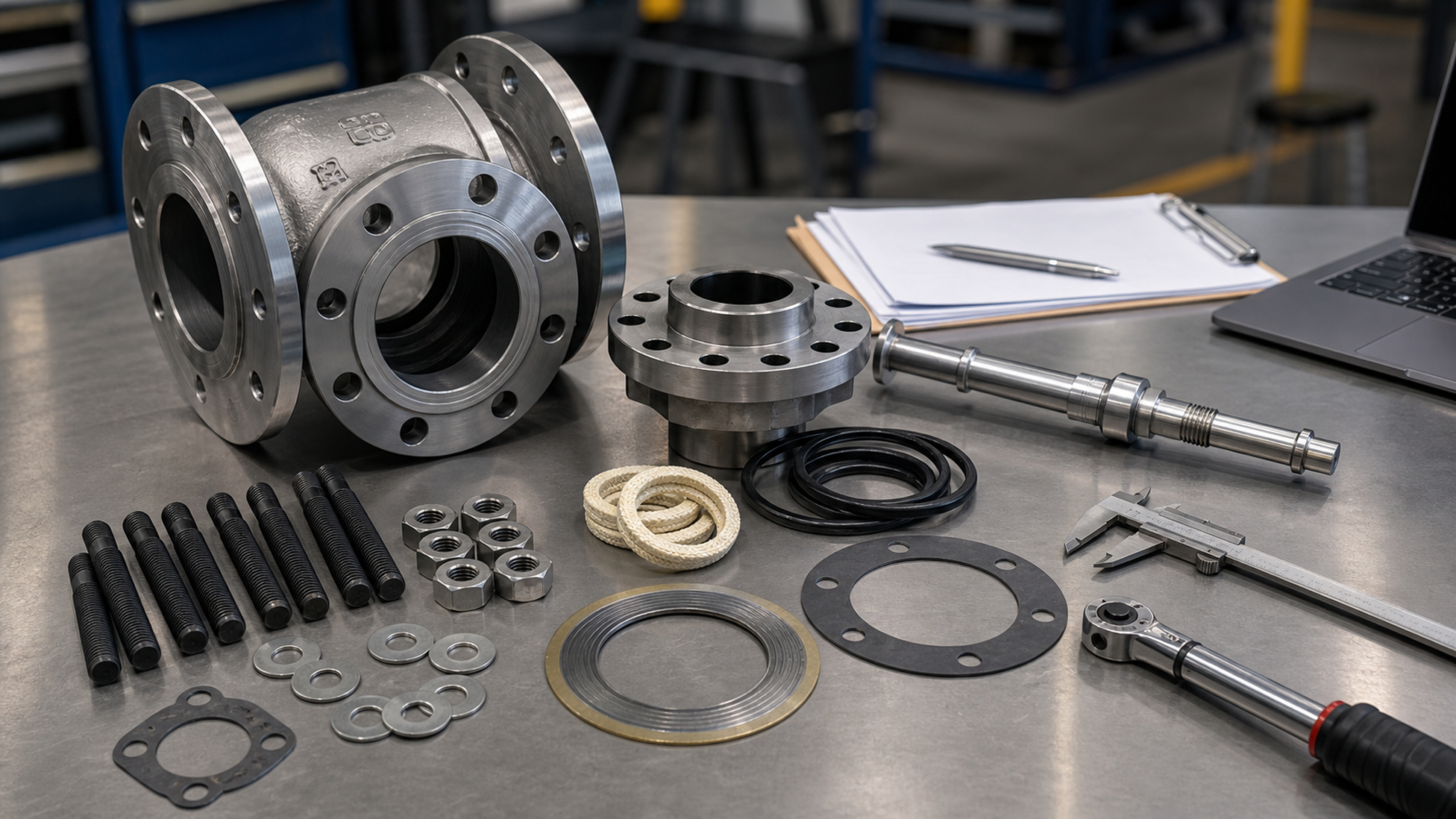 Disassembled industrial valve, valve stem, gasket sets, packing rings, studs, nuts, washers, calipers, torque wrench, and RFQ paperwork on a metal workbench