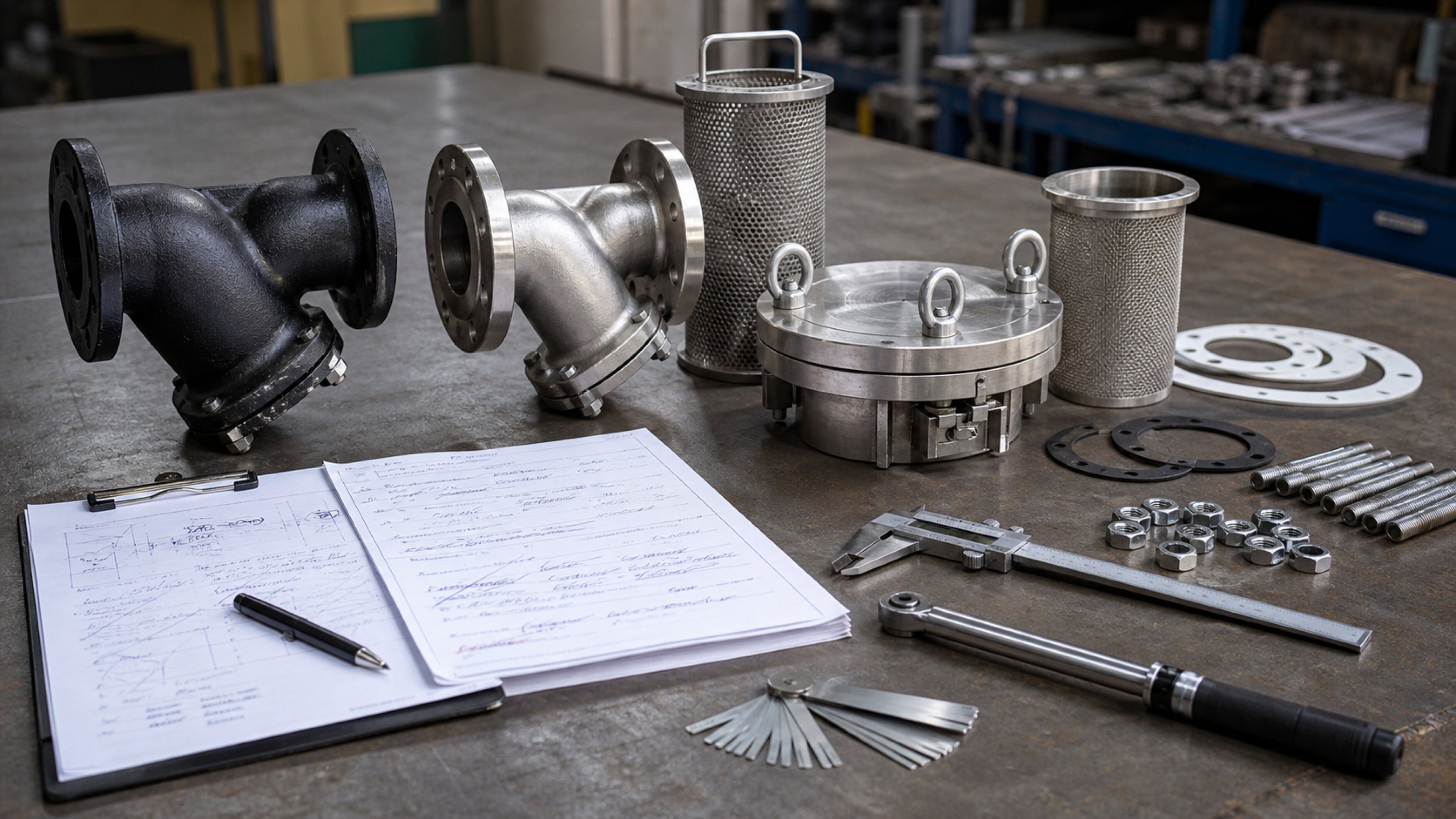 Cast iron and stainless Y-strainers, basket strainer cover, perforated screens, mesh baskets, flange gaskets, studs, nuts, calipers, thread gauge, and RFQ paperwork on an industrial workbench