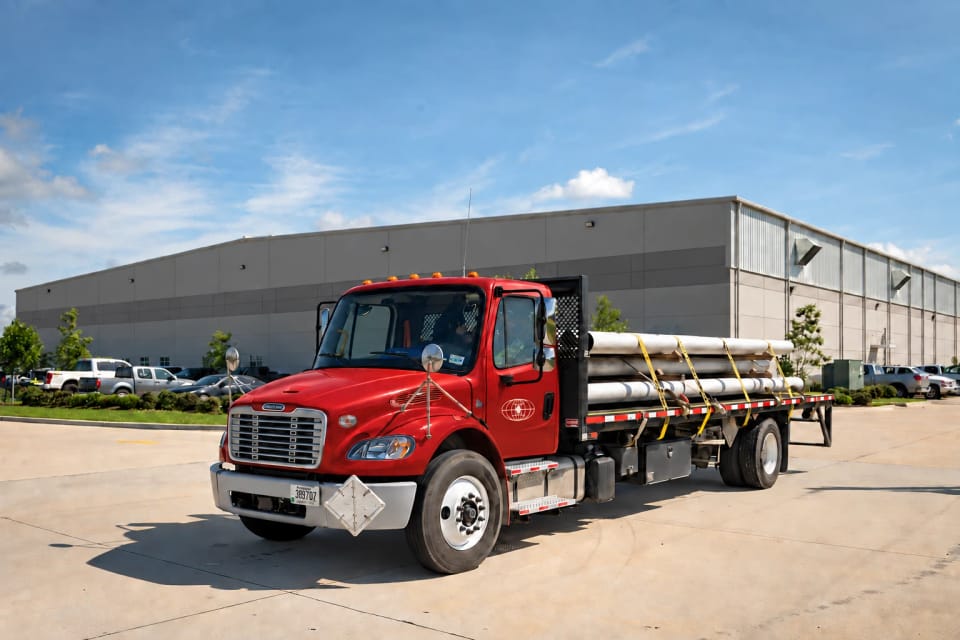 Red Westgate flatbed truck loaded with strapped pipe outside a warehouse